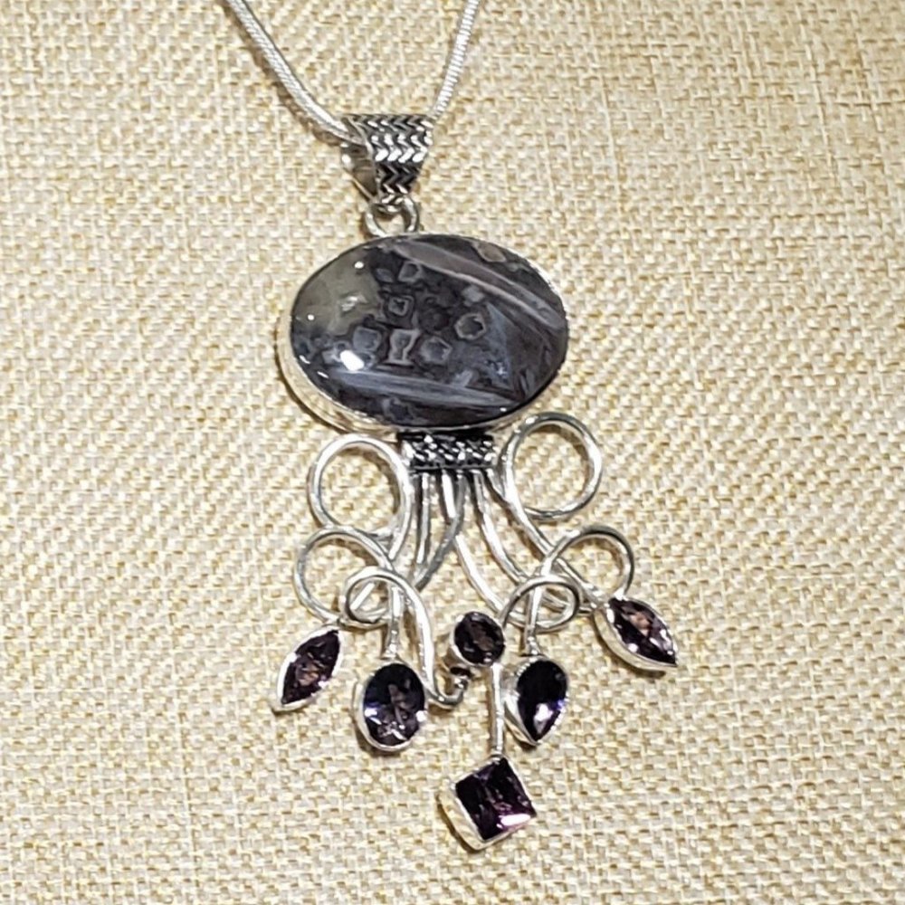 Amethyst necklace, 925 silver stick agate amethyst gemstone pendant necklace